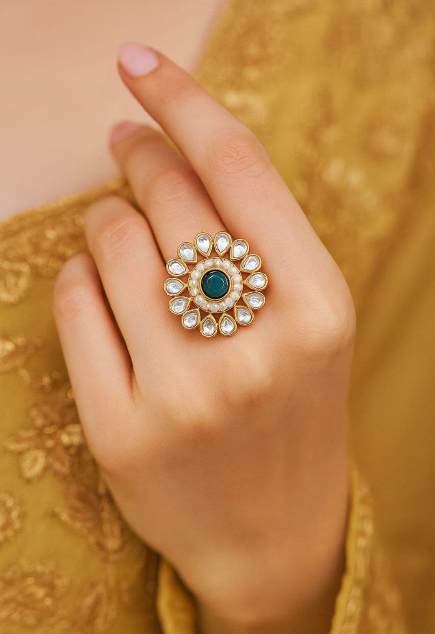 Elegant Kundan Pearl Floral Ring Multi Stone Adjustable Statement Ring