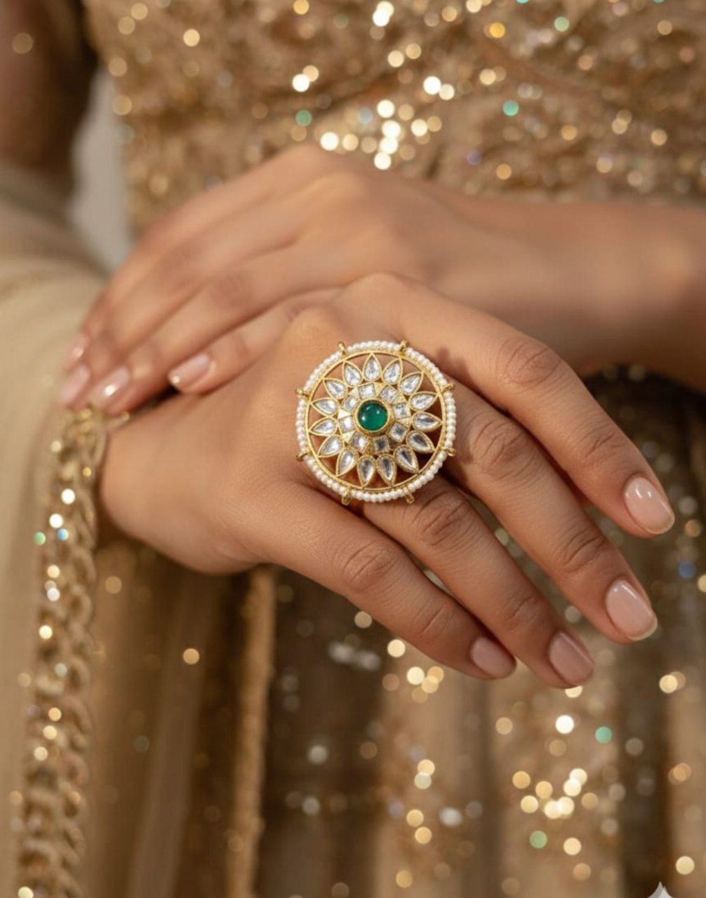 Pearl Sunburst Kundan Statement Ring