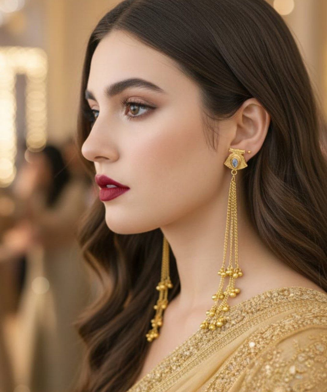 Kashmiri Golden Long Chain Earrings with Stone