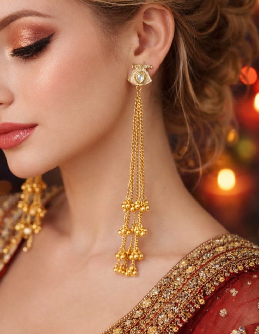 Kashmiri Golden Long Chain Earrings with Stone