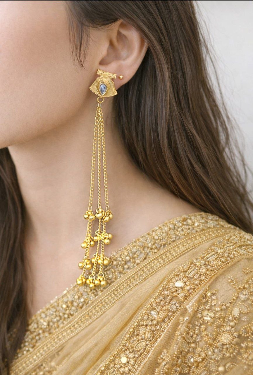 Kashmiri Golden Long Chain Earrings with Stone