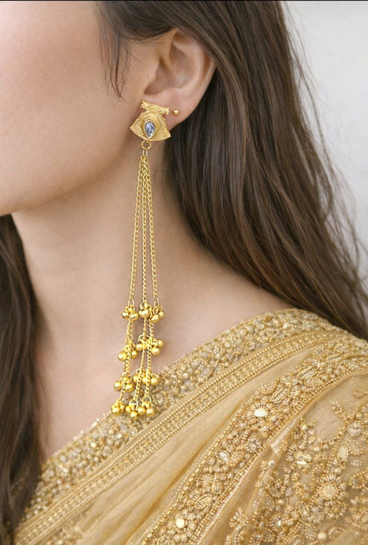 Kashmiri Golden Long Chain Earrings with Stone