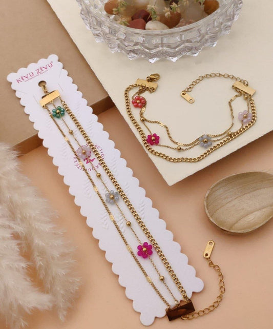 Floral Charm Multi-Layer Gold Bracelet