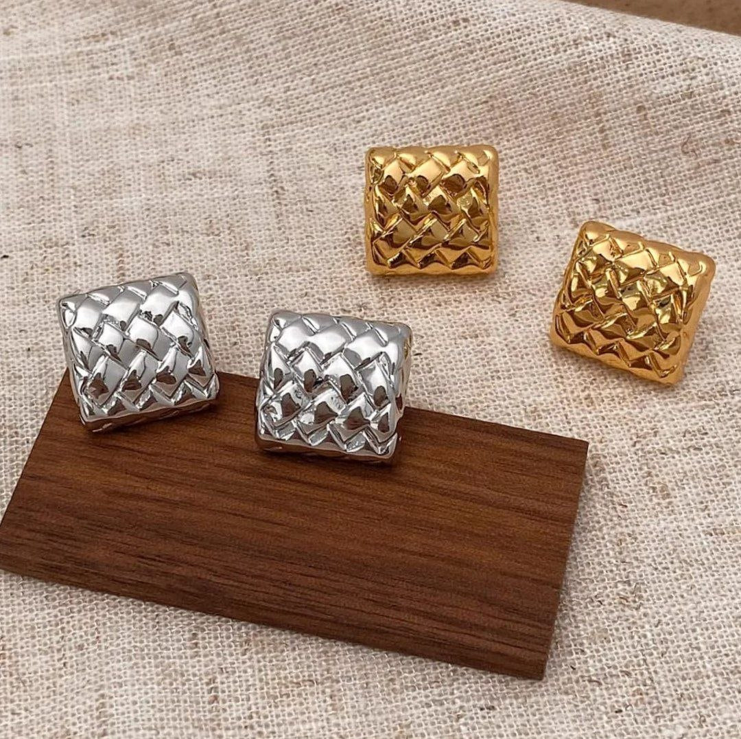 Premium Textured Square Stud Earrings – Gold & Silver