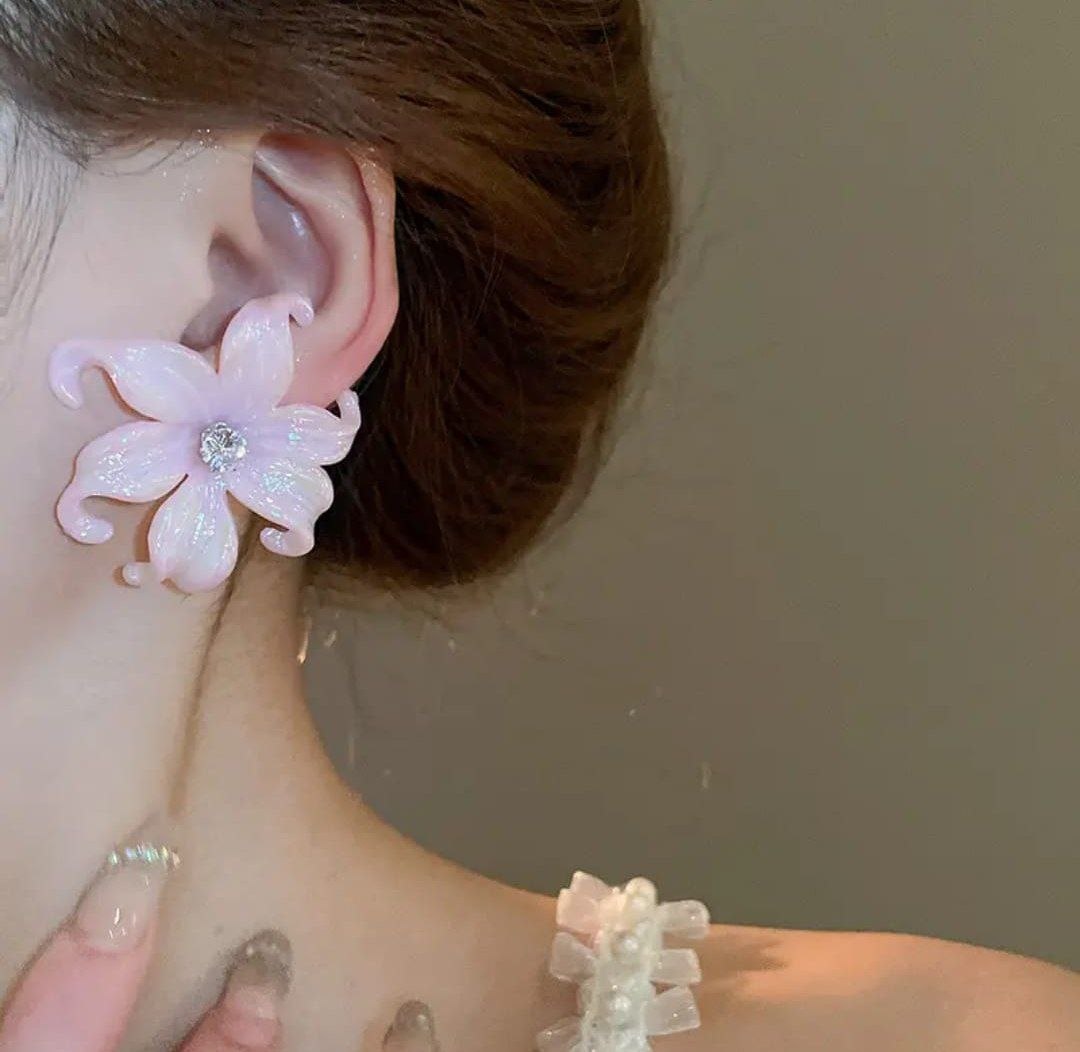 Glossy Pink Floral Stud Earrings