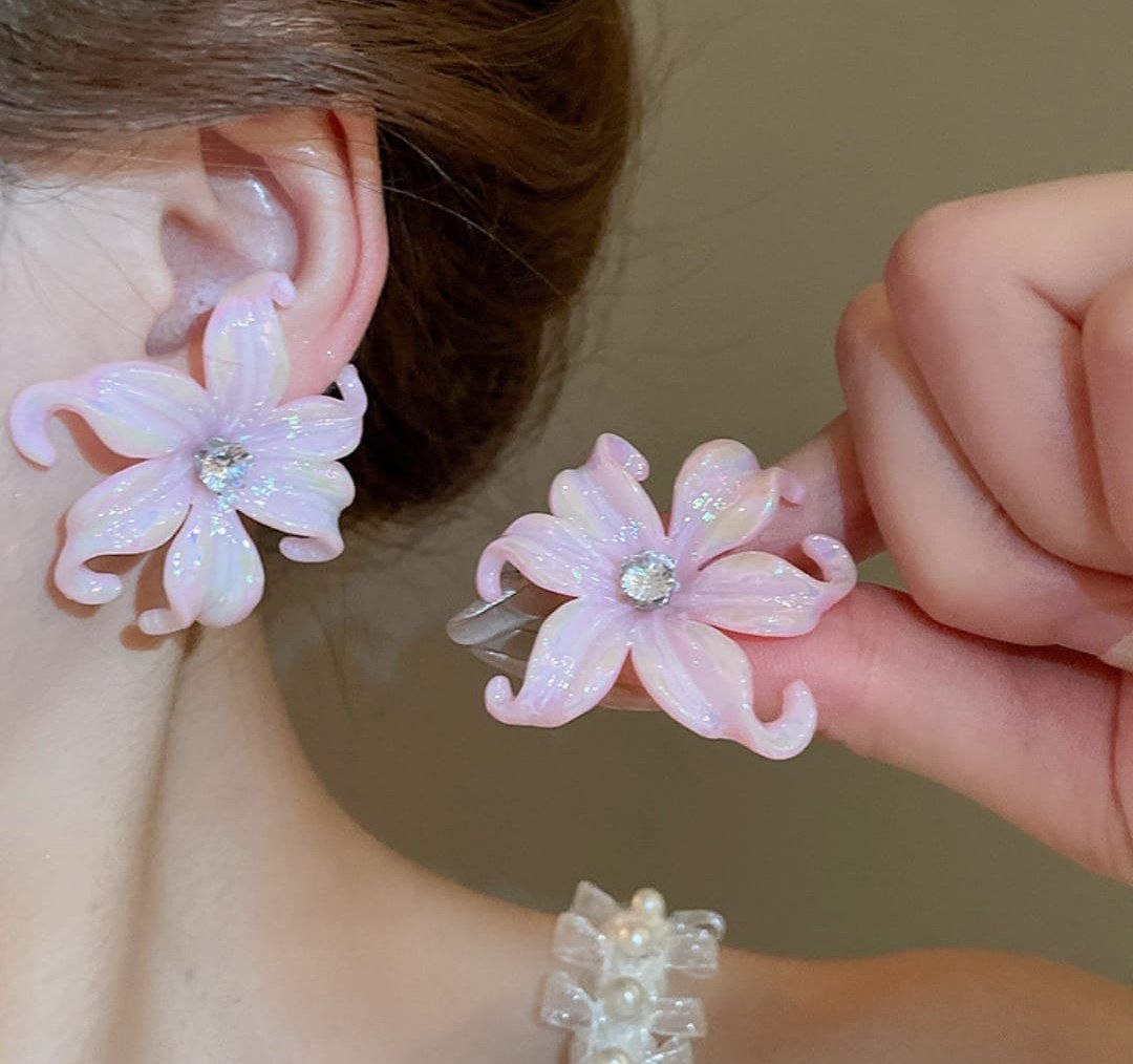 Glossy Pink Floral Stud Earrings