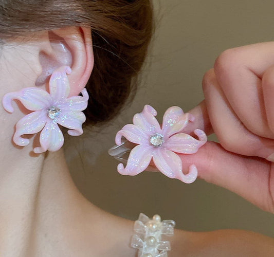 Glossy Pink Floral Stud Earrings