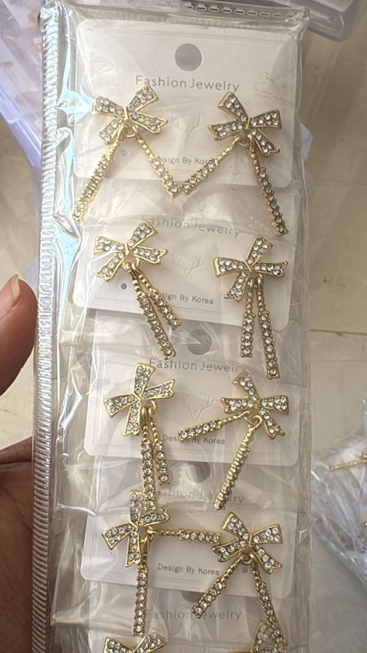 Crystal Bow Drop Earrings – Korean Style