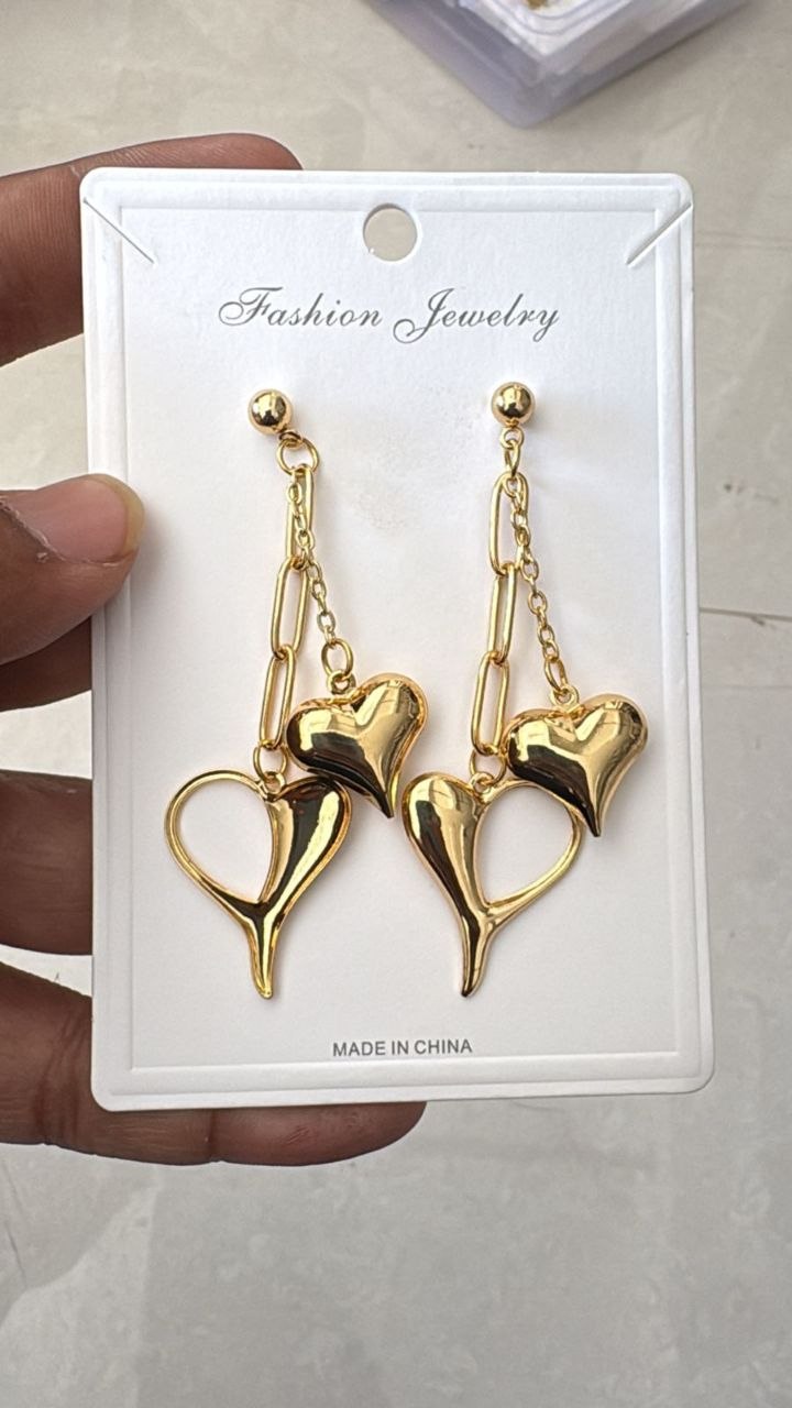 Anti Tarnish Double Heart Drop Earrings – Gold Chain Hanging Design