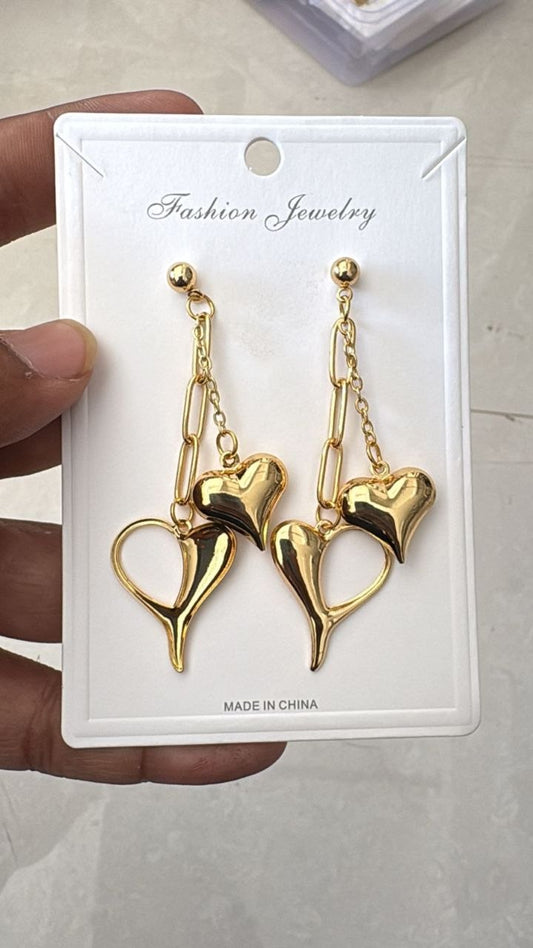Anti Tarnish Double Heart Drop Earrings – Gold Chain Hanging Design