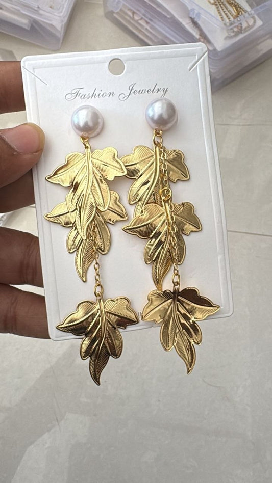 Anti Tarnish Leaf Pearl Drop Earrings – Gold Layered Hanging Design