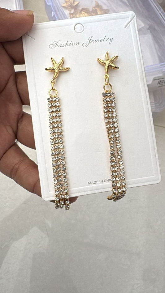 Anti Tarnish Starfish Crystal Tassel Earrings – Gold Long Drop Design