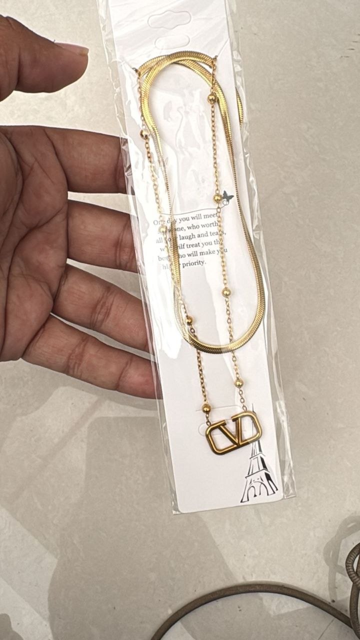 Anti Tarnish Layered V Letter Pendant Necklace – Gold Designer Chain