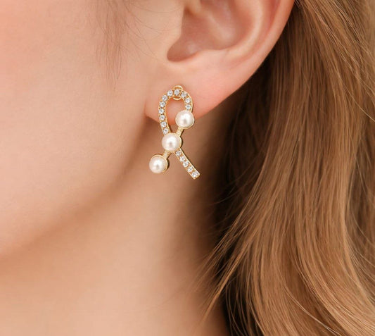 Korean Style Pearl Crystal Bow Earrings – Gold Elegant Design