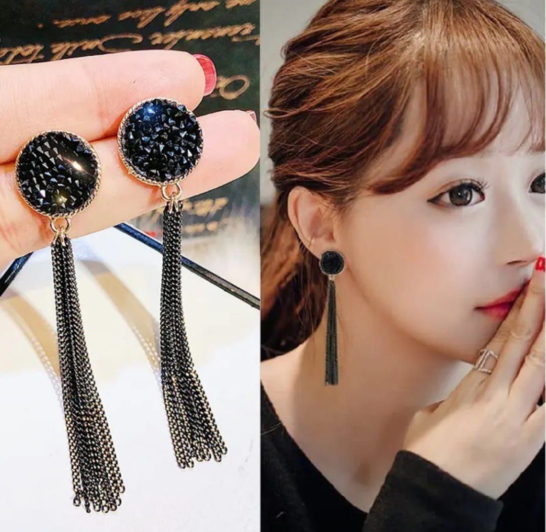 Korean Style Black Tassel Earrings – Long Chain Drop Design
