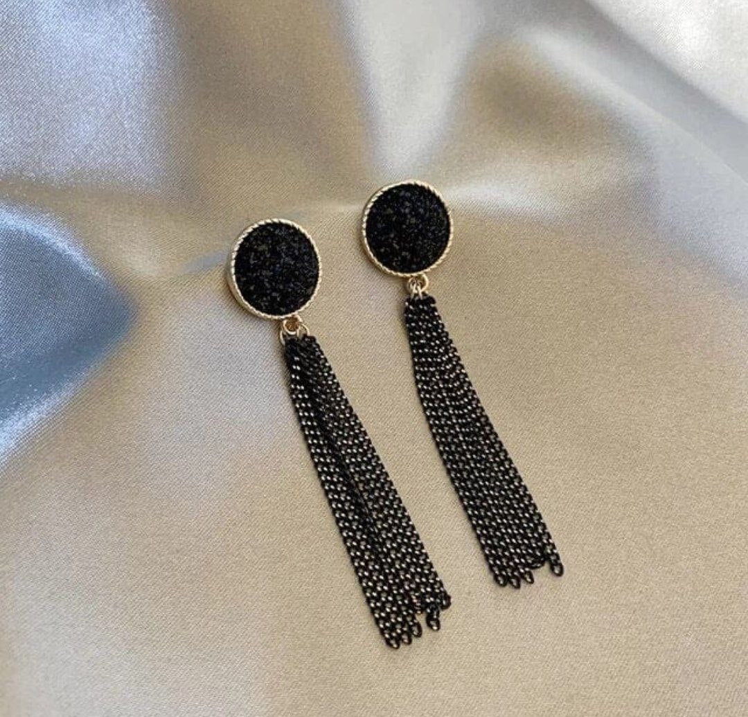 Korean Style Black Tassel Earrings – Long Chain Drop Design