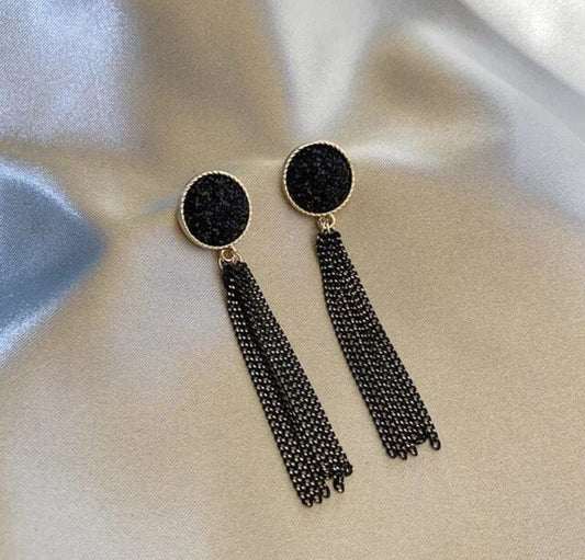 Korean Style Black Tassel Earrings – Long Chain Drop Design