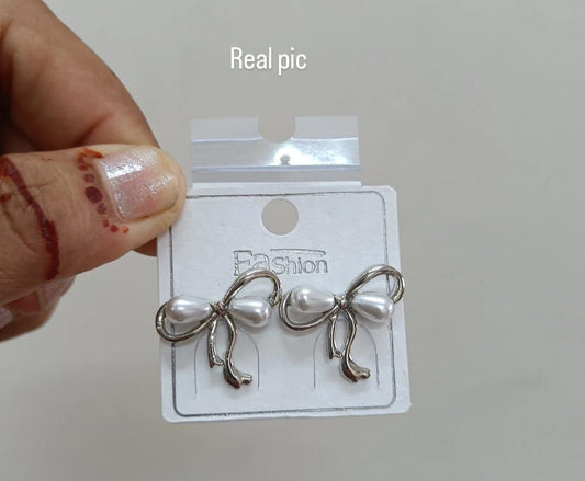 Korean Style Bow Pearl Stud Earrings – Silver Minimal Design