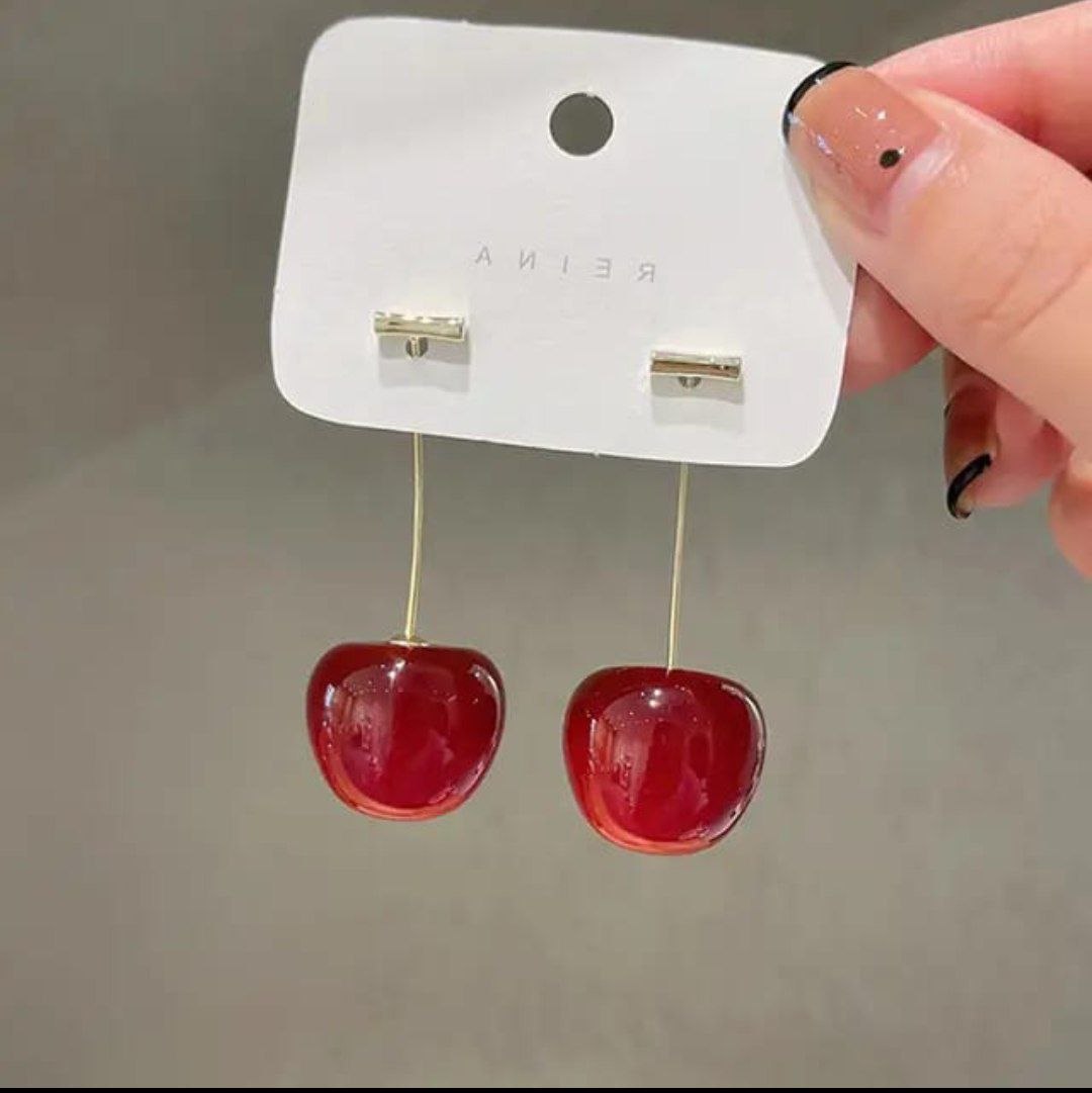 Korean Style Cherry Drop Earrings – Red Glossy Cute Design