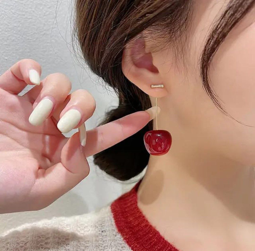 Korean Style Cherry Drop Earrings – Red Glossy Cute Design