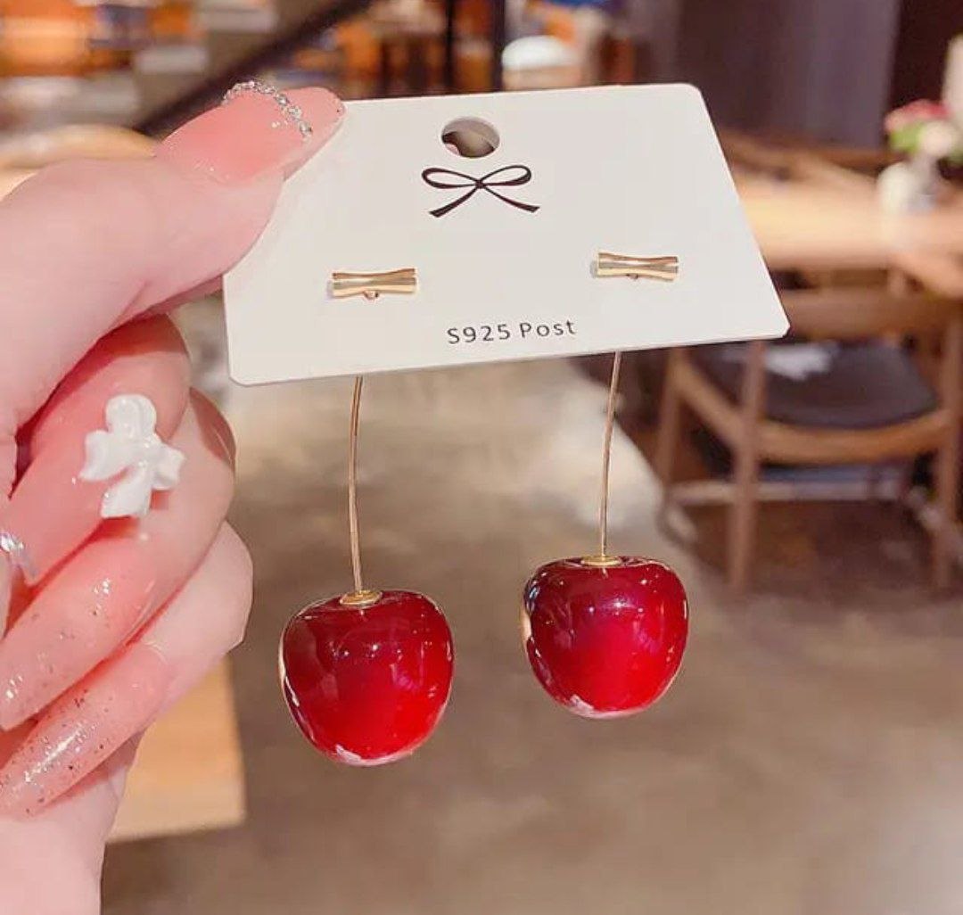 Korean Style Cherry Drop Earrings – Red Glossy Cute Design