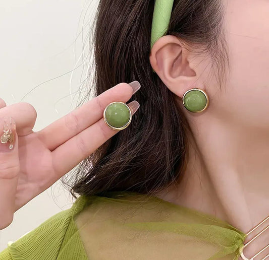 Korean Green Stone Gold Plated Stud Earrings for Women