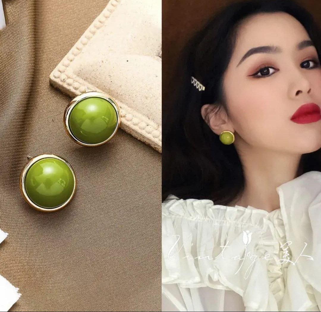 Korean Green Stone Gold Plated Stud Earrings for Women