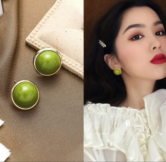 Korean Green Stone Gold Plated Stud Earrings for Women