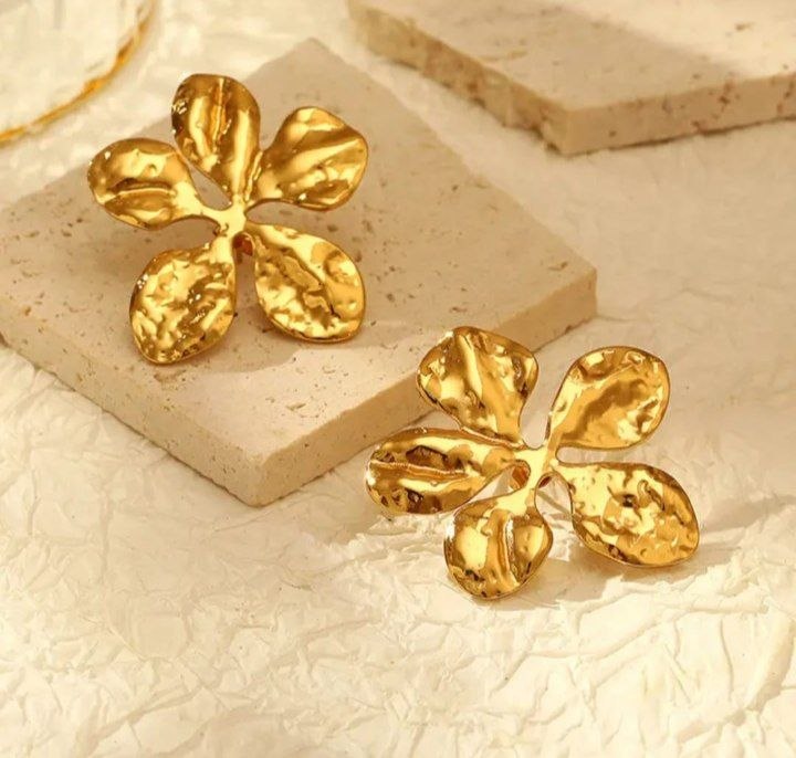 Golden Textured Floral Anti Tarnish Earrings for Women