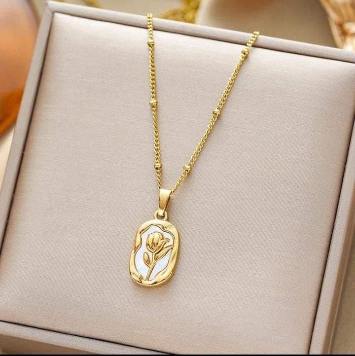 White Enamel Rose Pendant Necklace for Women