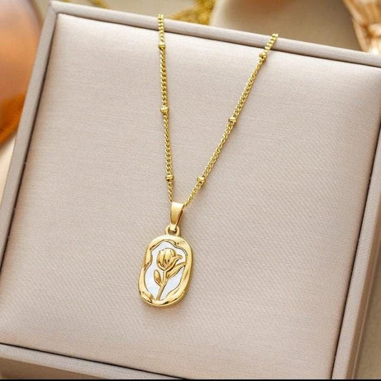 White Enamel Rose Pendant Necklace for Women