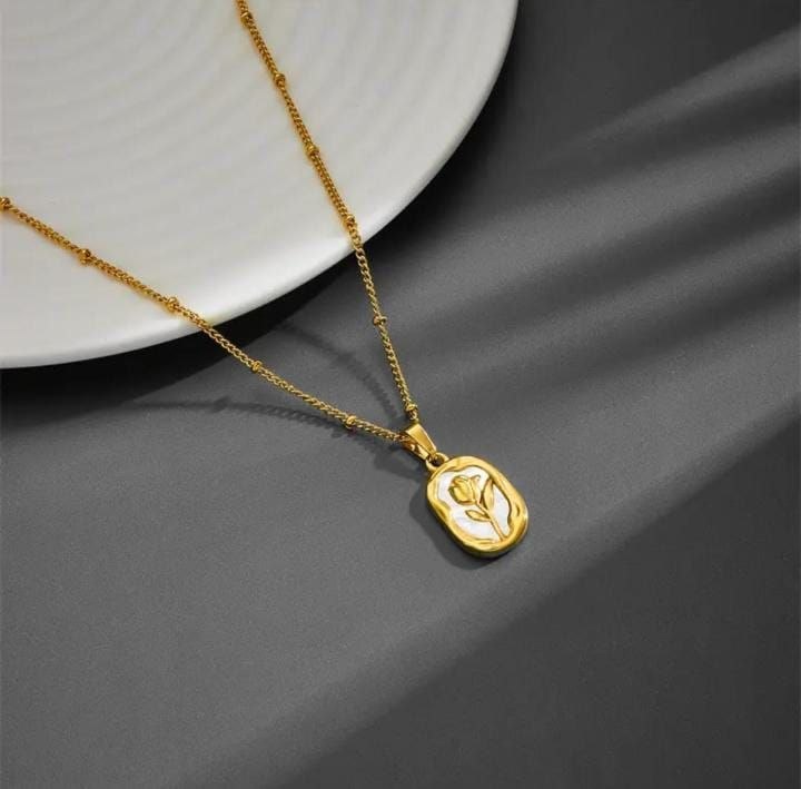 White Enamel Rose Pendant Necklace for Women