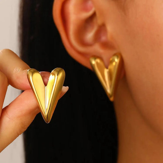 Golden V Shape Heart Anti Tarnish Earrings for Women