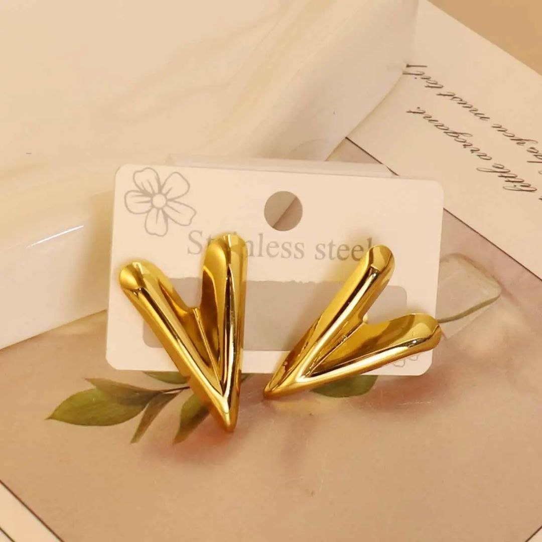 Golden V Shape Heart Anti Tarnish Earrings for Women