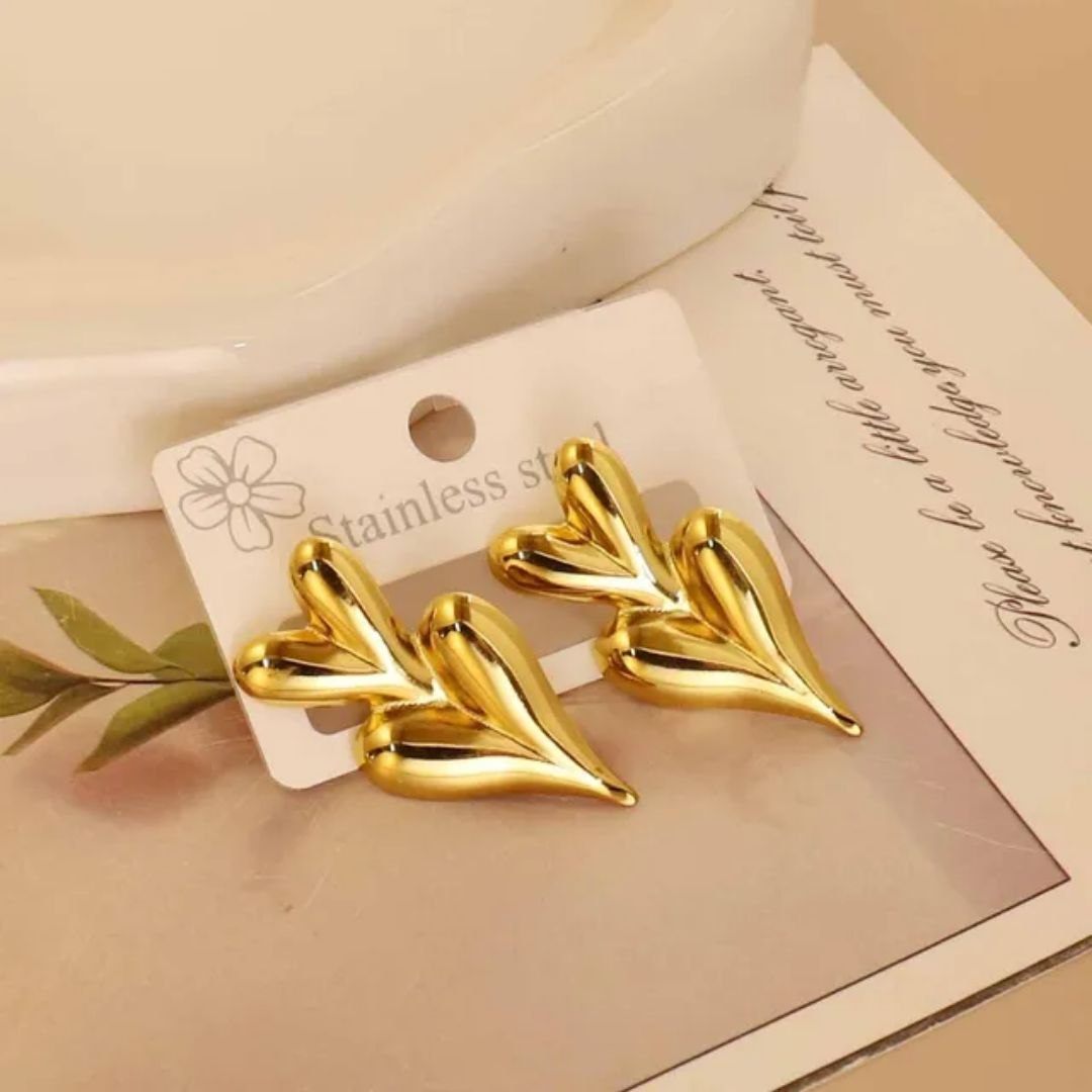 Golden Double Heart Anti Tarnish Earrings for Women