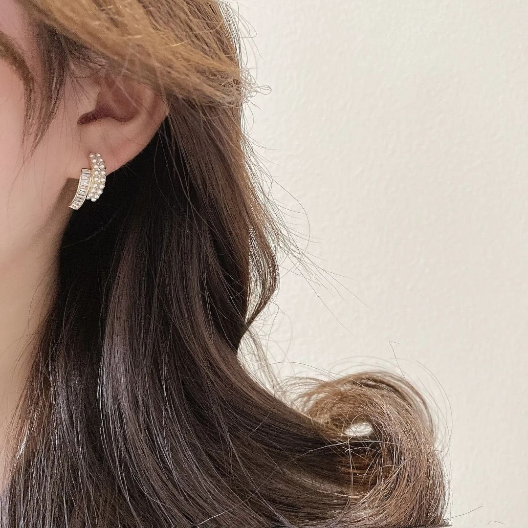 Korean Pearl & Crystal Layered Hoop Earrings