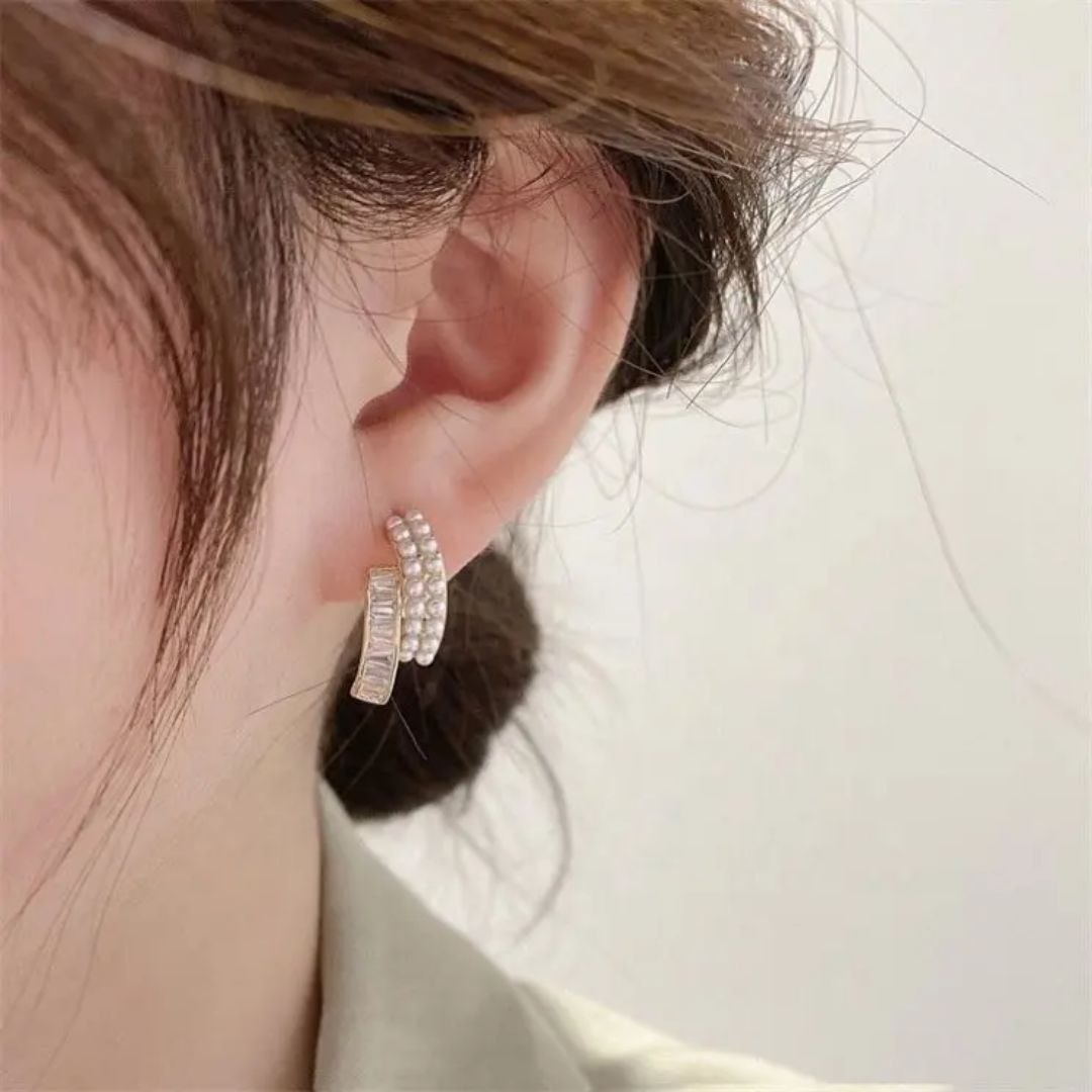 Korean Pearl & Crystal Layered Hoop Earrings