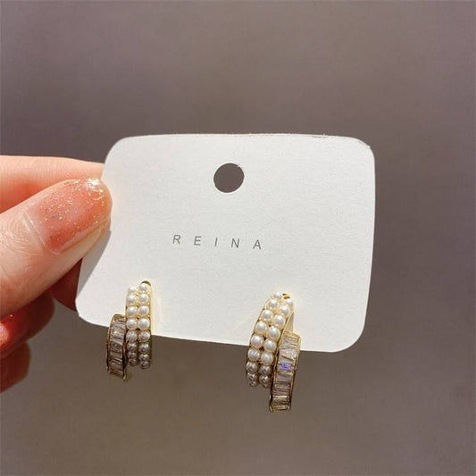 Korean Pearl & Crystal Layered Hoop Earrings