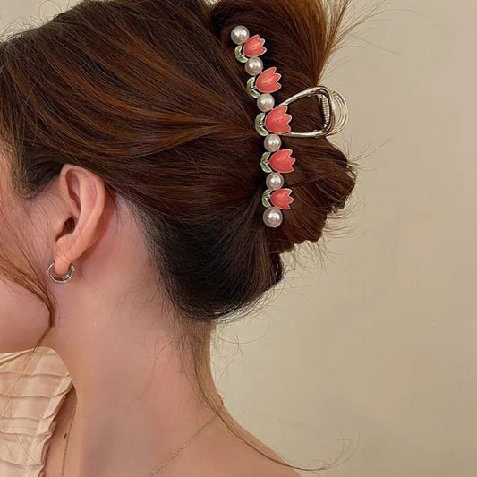 Korean Metal Tulip Pearl Hair Clutcher
