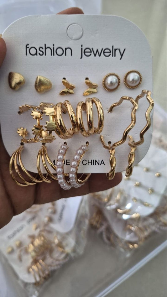 Korean Fashion Pearl & Hoop Earrings Combo Set Of 9 Pair