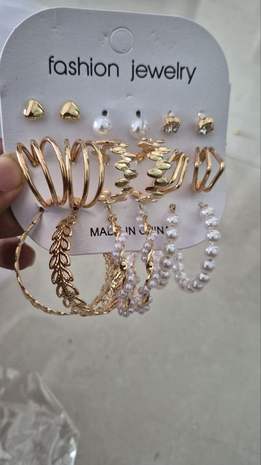 Korean Fashion Pearl & Gold Hoop Earrings Combo Set Of 9 Pair