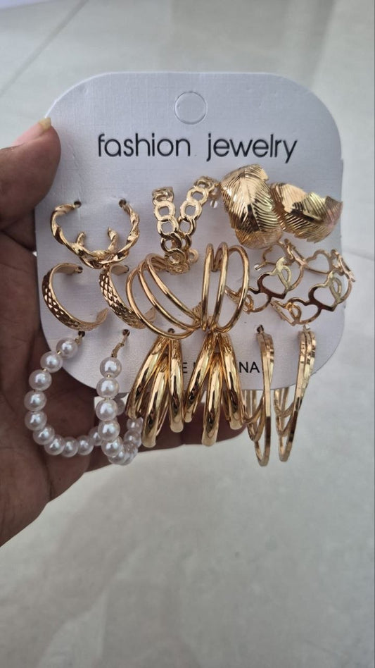 Korean Fashion Gold & Pearl Hoop Earrings Combo Set of 9 Pairs