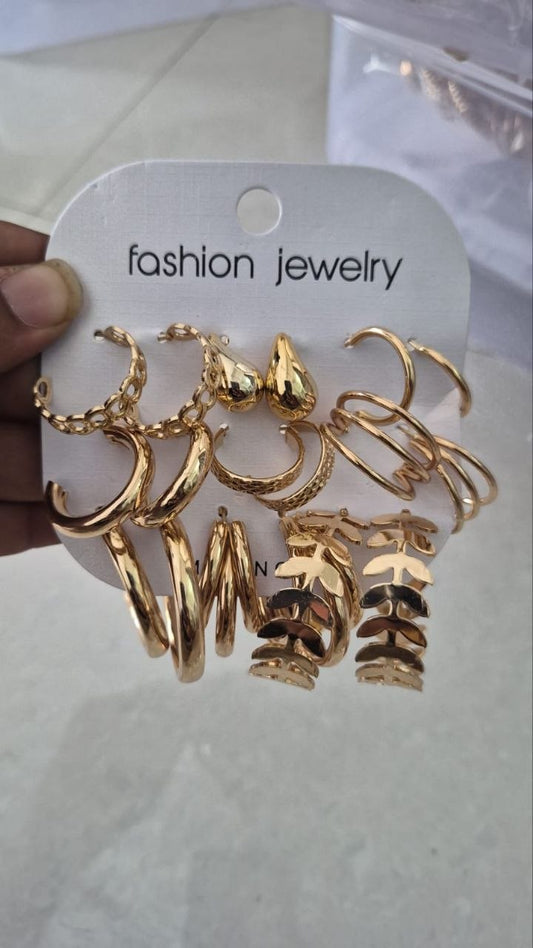 Korean Fashion Gold Hoop Earrings Combo Set of 9 Pairs