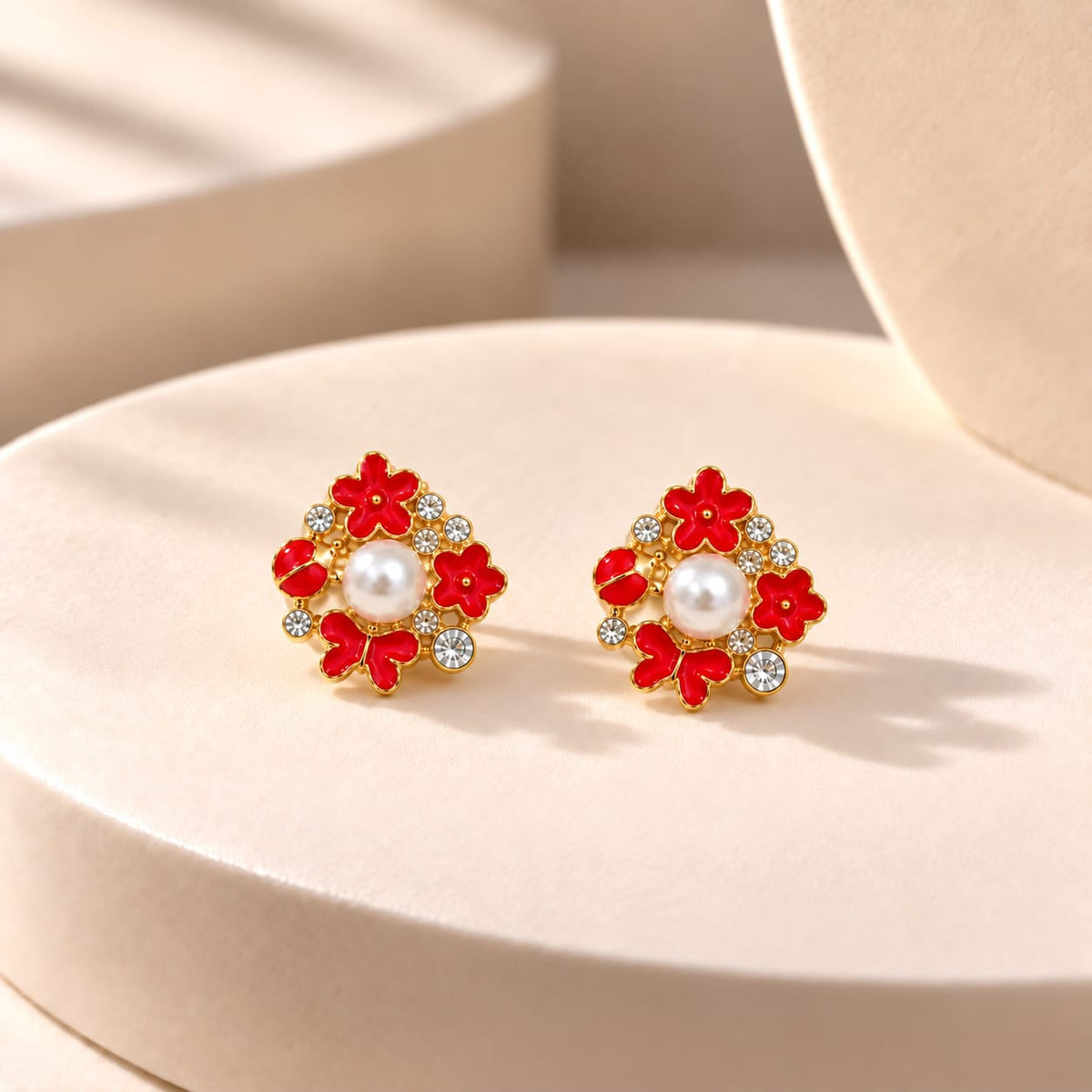 Red Pearl Floral Crystal Stud Earrings