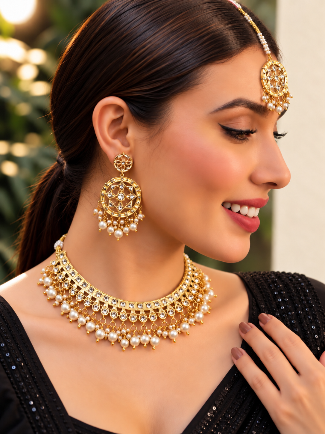 traditional kundan and pearl choker necklace set with earring & mangtika