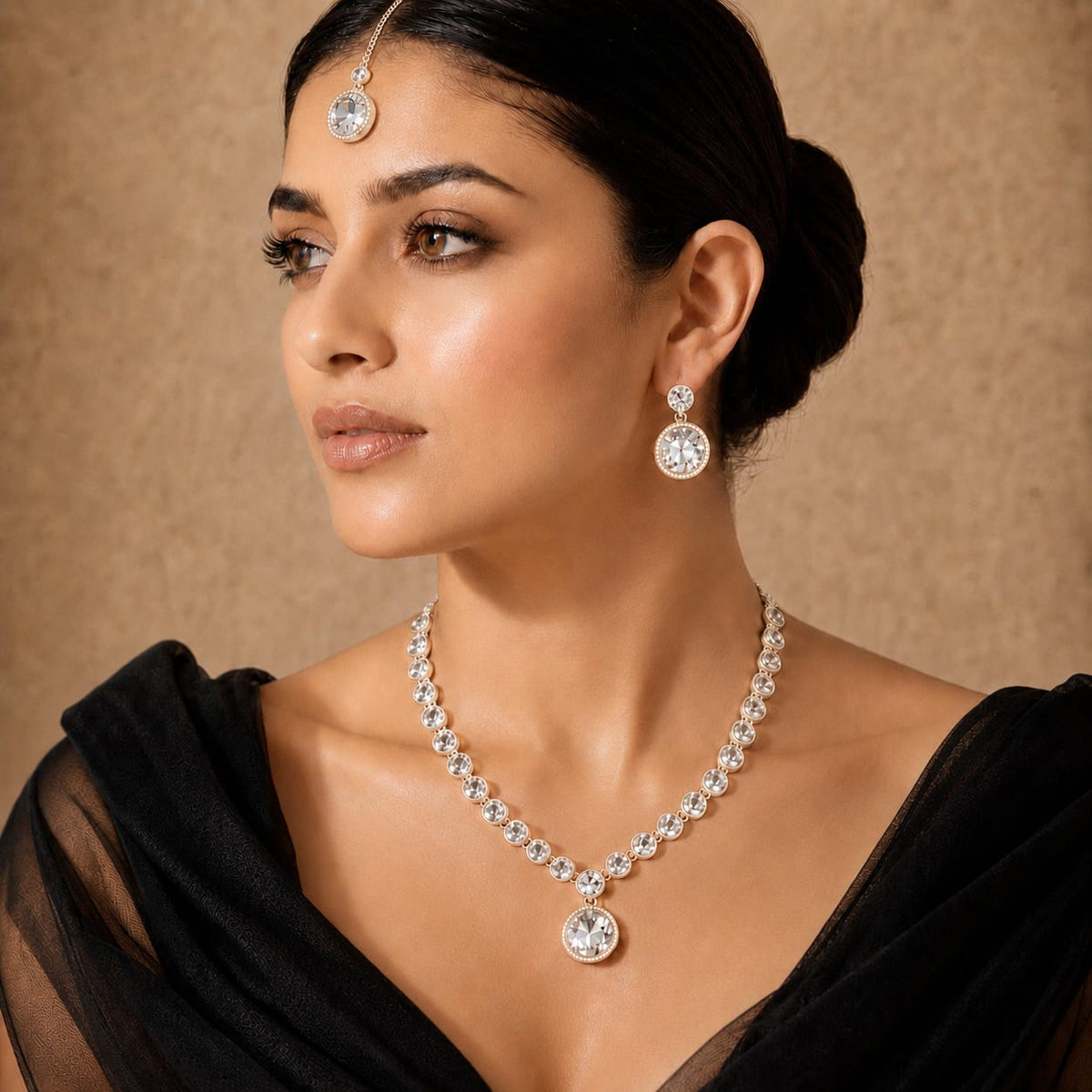 Silver white stone set with earring and mangtika