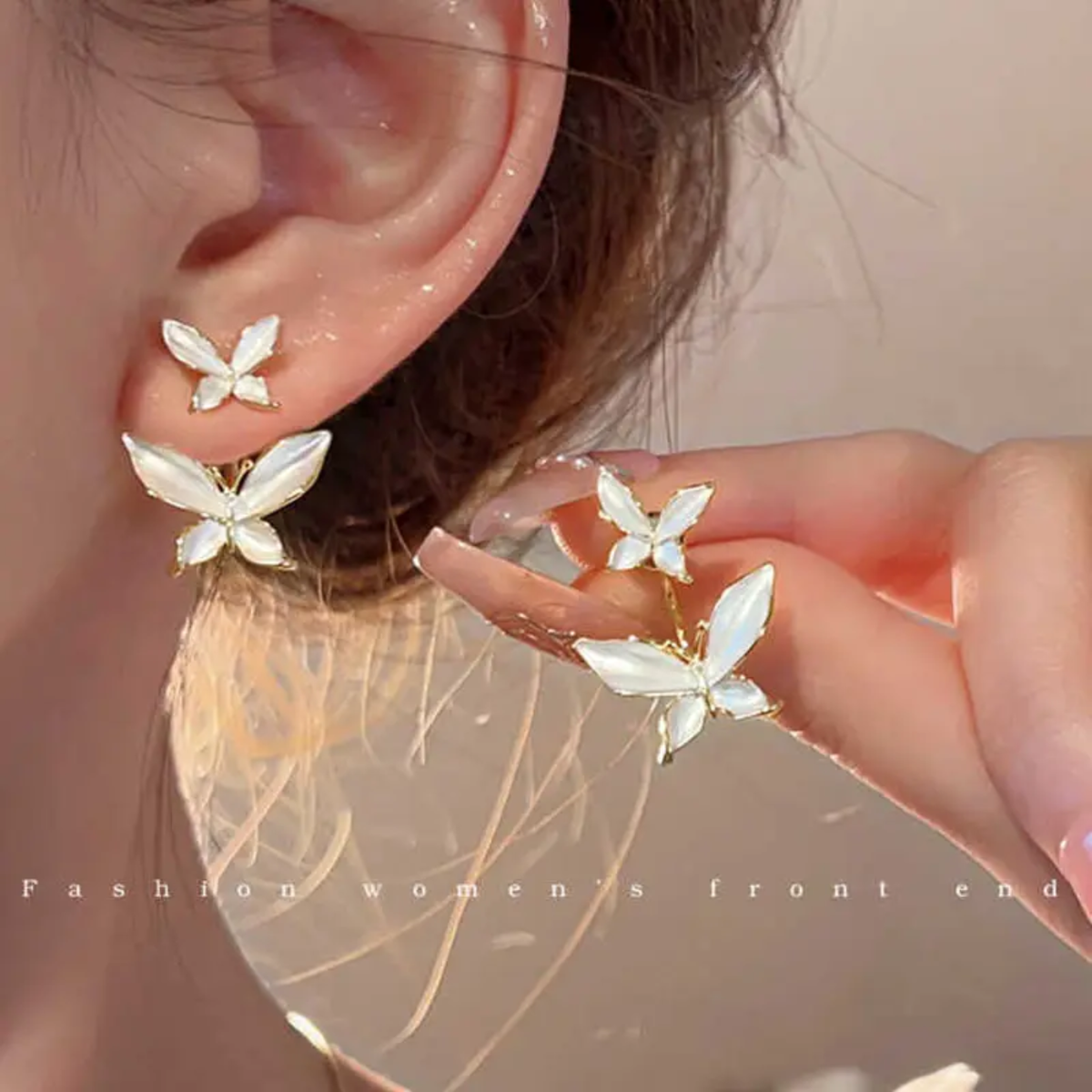 white double-butterfly drop and stud alloy earring