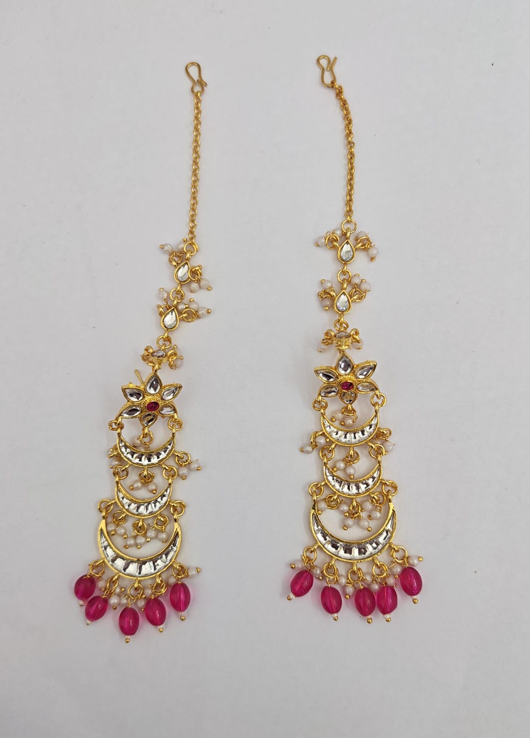 Kundan and pearl chandbali earring  pink bead drops with matching ear chain