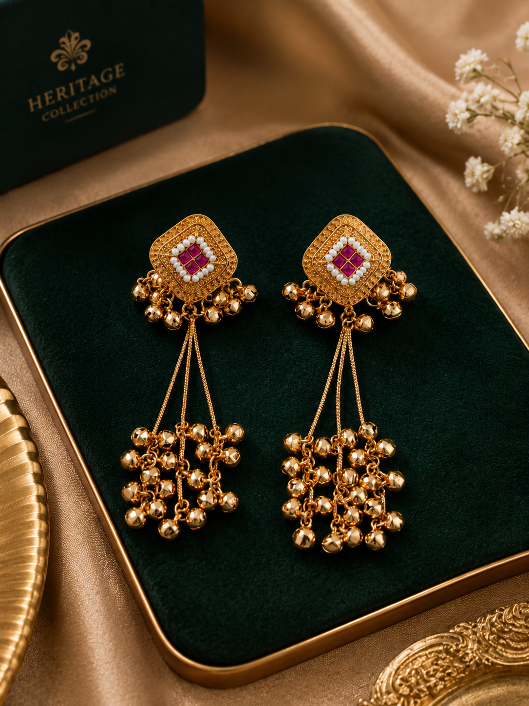 Kashmiri Heritage Pink Ruby Stone Long Tassel Earrings