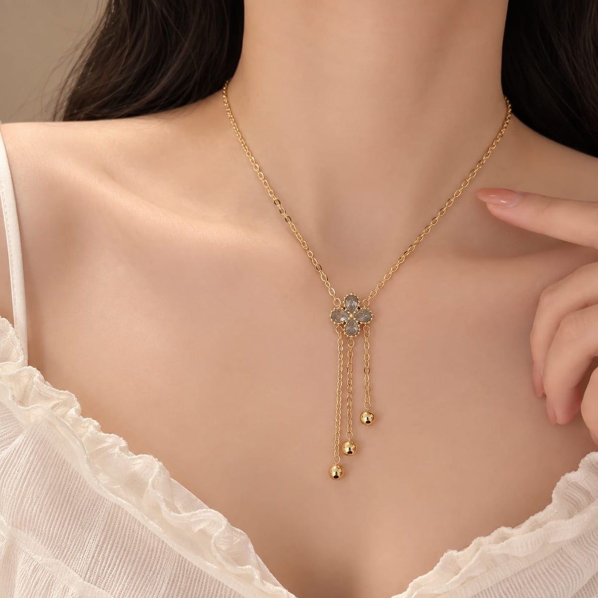 Premium Crystal Flower Tassel Necklace
